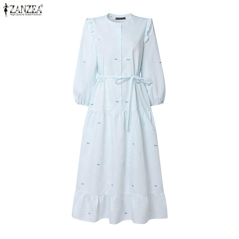 ZANZEA Damen Freizeit Rundhals 3/4 Ärmel Locker Gestreiftes Kleid