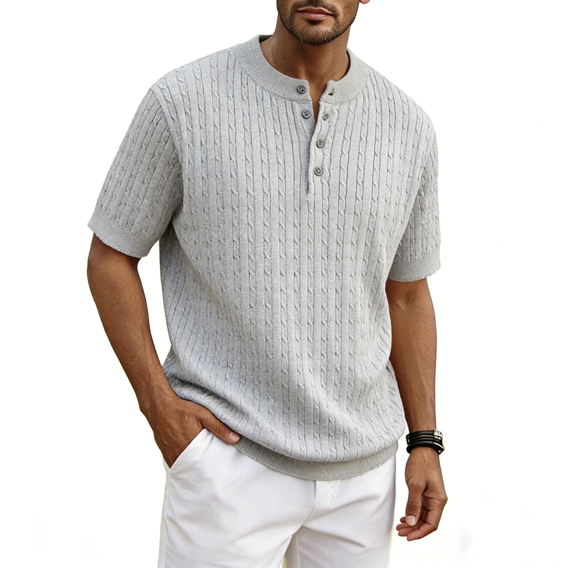 

Henley collar knit short-sleeve T-shirt for men, twisted pattern, old money style, summer wear, plus size 2XL сірий колір