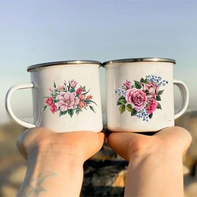 Tazas de Esmalte Retro con Estampado de Flores Tazas de Café Creativas Verano Picnic al Aire Libre Bebidas Zumo Leche Tazas de Acampada Asa Utensilios para Beber Regalos
