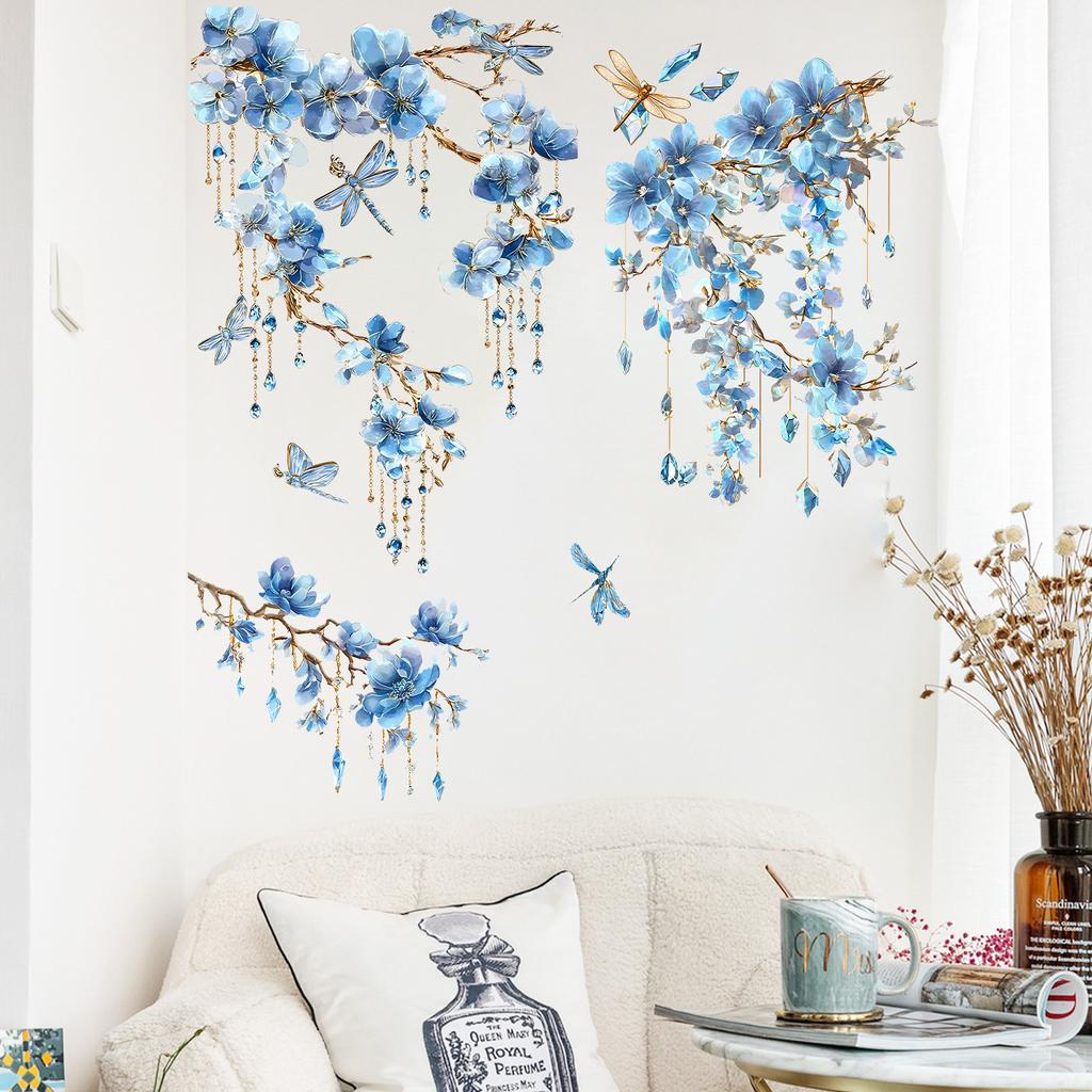 Blå Blommor, Grenar och Trollslända Väggdekal Självhäftande Avtagbar för Sovrum Vardagsrum Arbetsrum Heminredning
