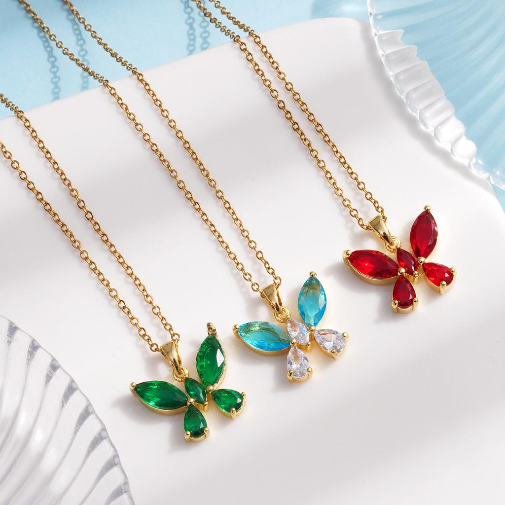 Sweet Colorful Zircon Butterfly Pendant Necklace Cute Stainless Steel Chain Jewelry Gifts for Women Teen Girls