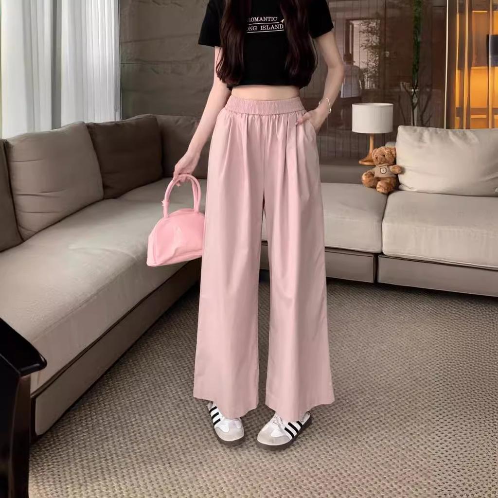 Latest Elastic Waist Loose Casual Pants for For Women with Cotton, Wide-leg Pants for Summer Dopamine Trousers Straight Pants All-match Pants