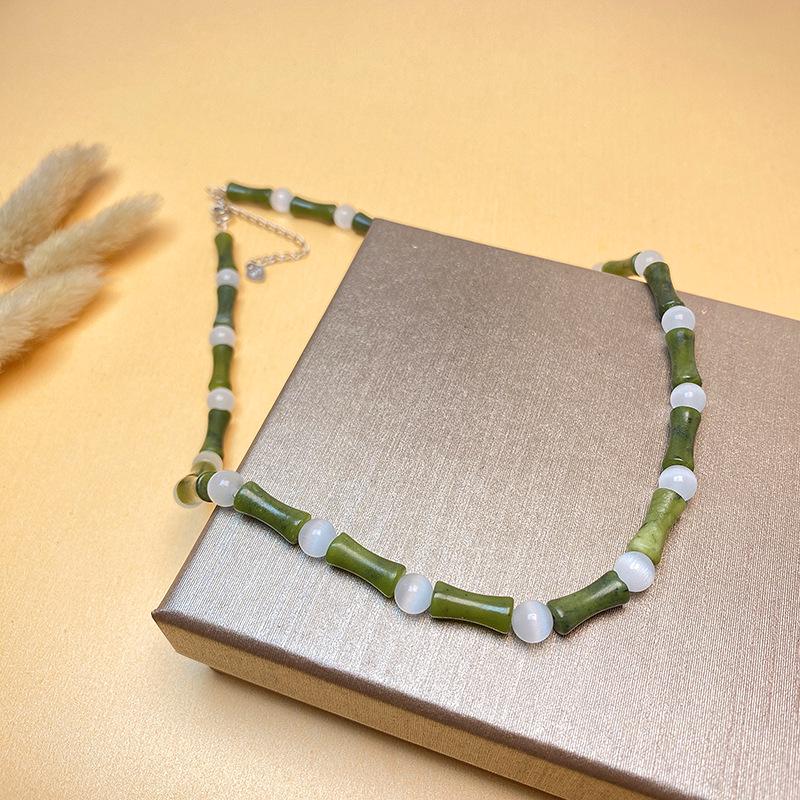 S925 Silver Bamboo-Style Necklace with Natural Olive Jade & Cat's Eye Beads: New Chinese Style for Men & Women