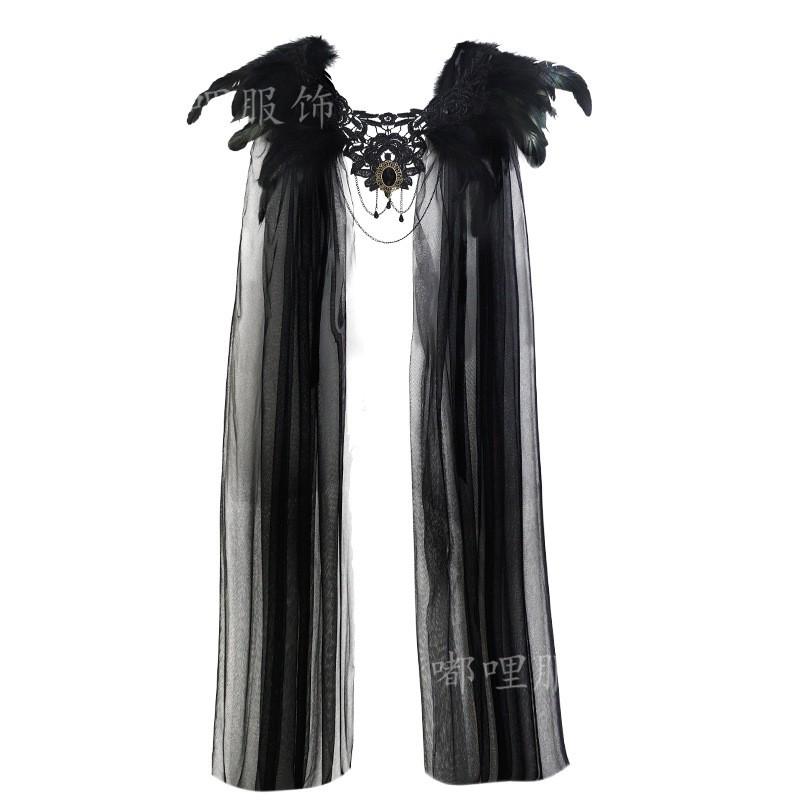 Gothic Vampire Cosplay Costume Women Halloween Black Feather Cape Dress