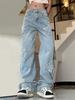 Blue Star Shape Patchwork Straight Jeans, Loose Fit Slant Pockets Non-Stretch Denim Pants, Women's Denim Jeans & Clothing