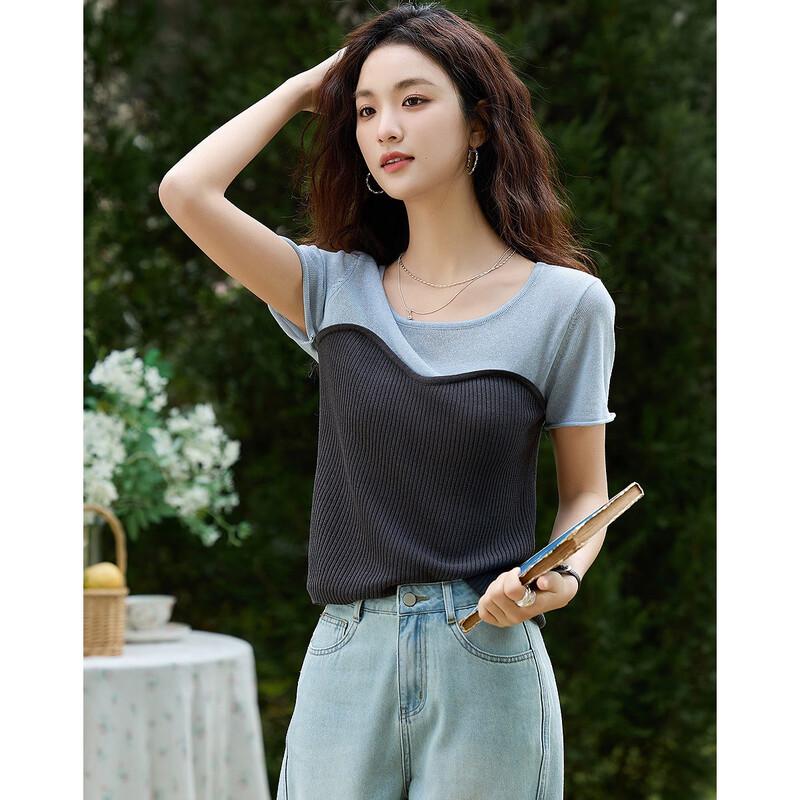 Demana Women's Color Block Knit Short Sleeve Top