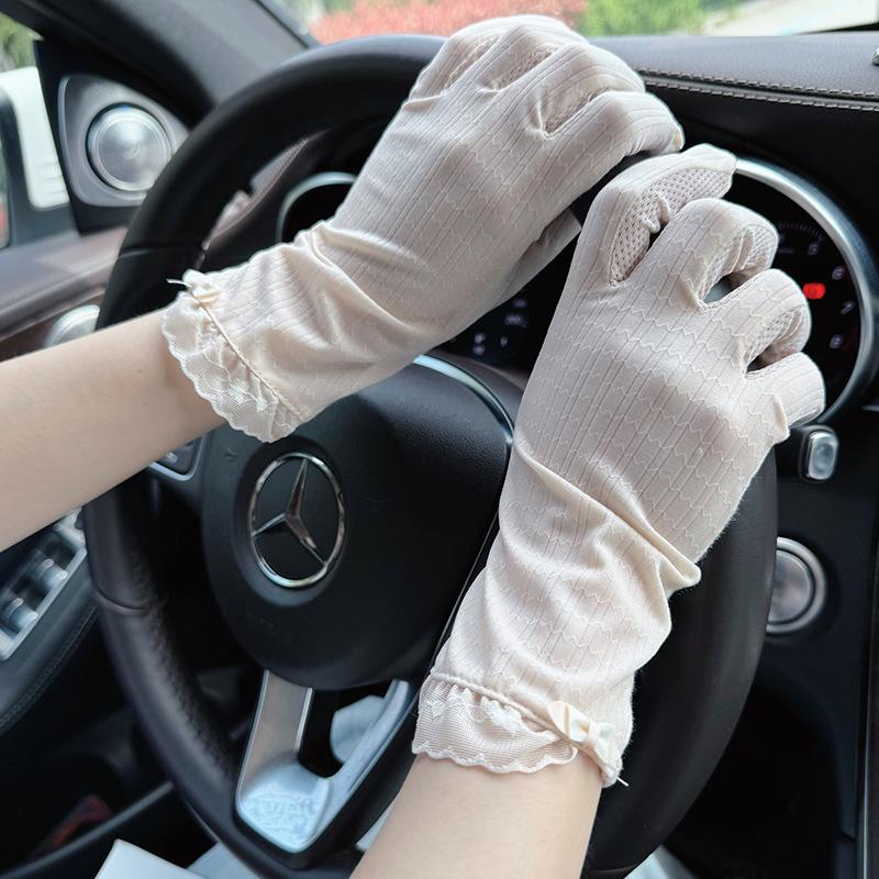 Ice silk spring and autumn thin ultraviolet summer riding driving cycling non-slip touch screen women's lace sunscreen gloves