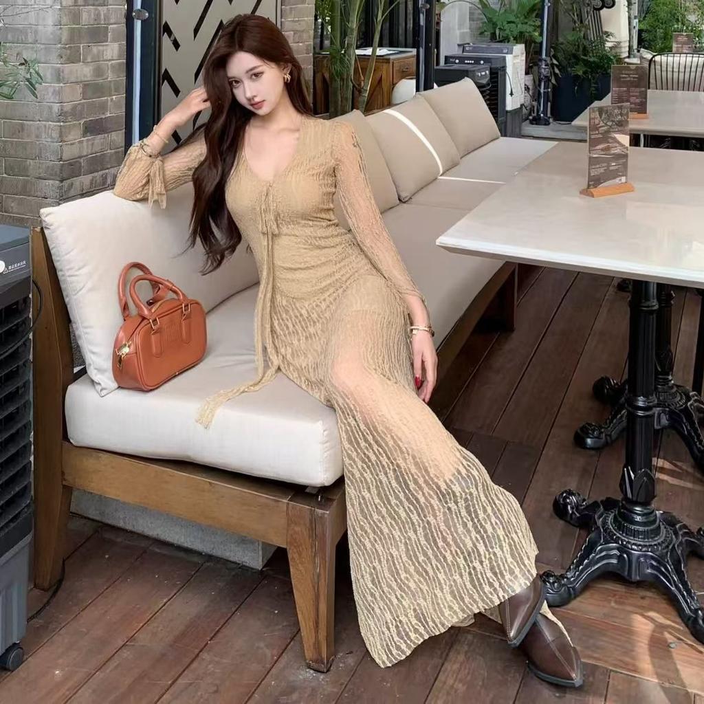 Pure Lust Hot Girl Khaki Lace-up Dress for Women's Autumn and Winter, Chic Age-reducing and Thin Sexy Medium and Long Dress