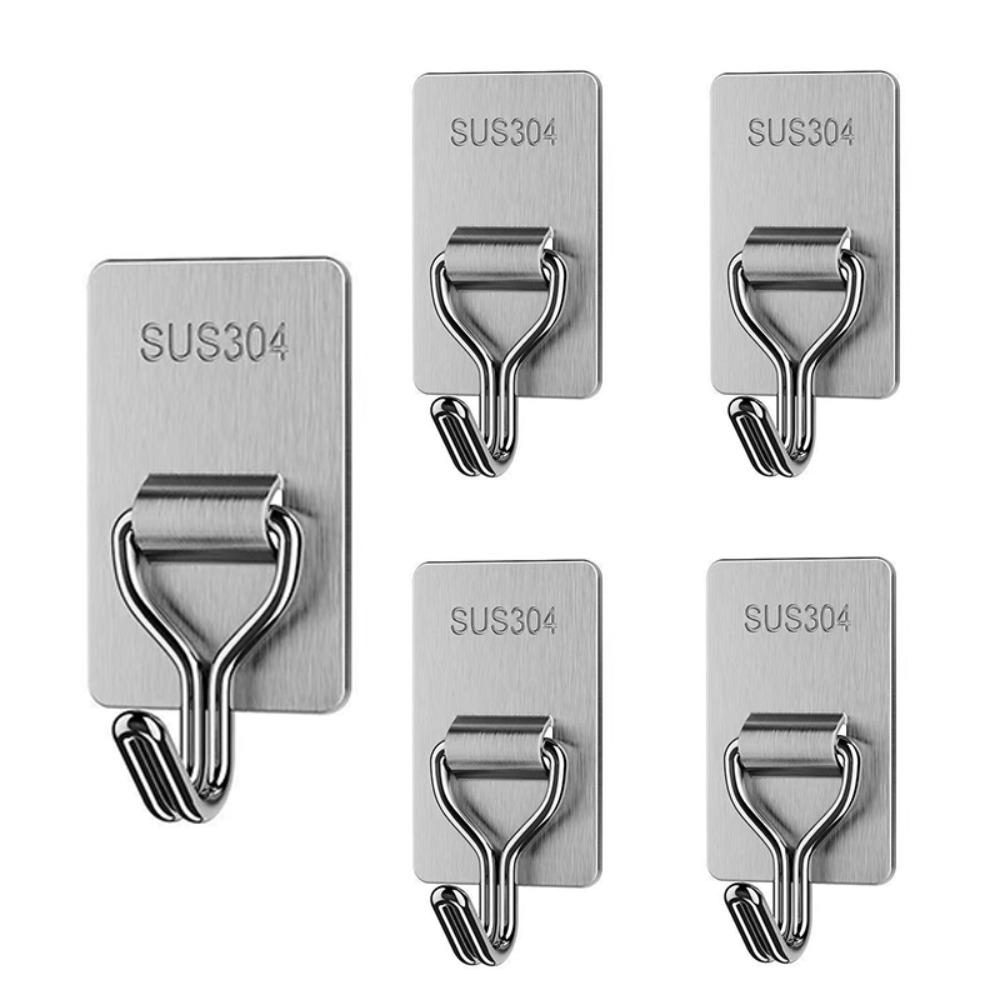 

5/8PCS Stainless Steel Self-adhesive Hook Bear Shape Door Behind Hook Multifunctional Hook Home Rectangle-5PCS