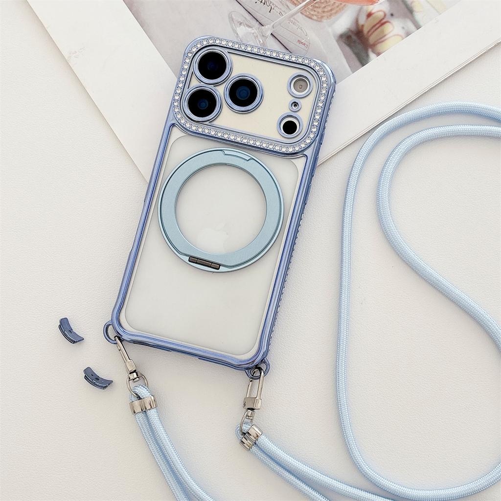 Crossbody Lanyard Electroplated Rotating Stand Magnetic Phone Case for IPhone Air 17 16 Plus 15 14 13 Pro Max for Magsafe Cover