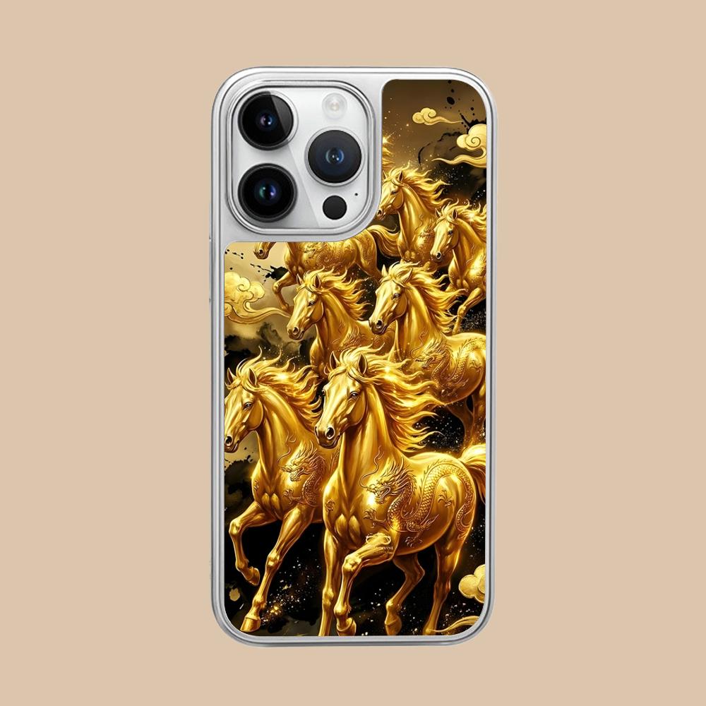 

Golden Horse Year Mobile Phone Case for iPhone 17 16 15 14 13 12 11 Air Pro Max Plus Silver Plating Colorful Cover Pretty Luxury iPhone 11