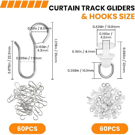 120 Pcs Shower Curtain Track Gliders & Curtain Hooks Set, Ceiling Mount Sliding Track S Shaped Metal Drapery Hooks and Plastic Rollers Sets for Drape