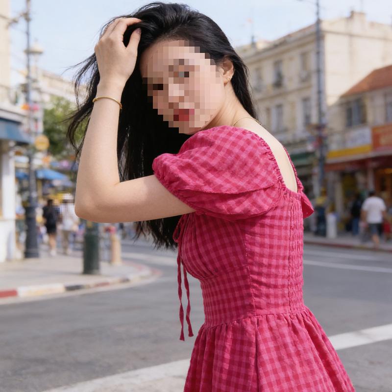 French sweet rose red plaid small flying sleeve suspender dress women's summer waist and thin pure desire style girl skirt