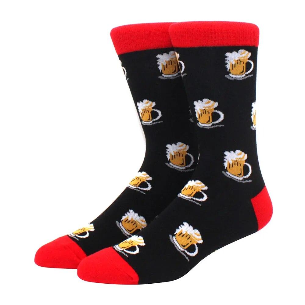 1 Pair Men's Fun Hip Hop Skateboard Beer Happy Art Print Mid Socks, EU38-46