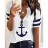 Top Women Summer Fashion Anchor Print Zipper Front Casual V-Neck Short Sleeve Daily T-Shirt Top Y2K Clothes