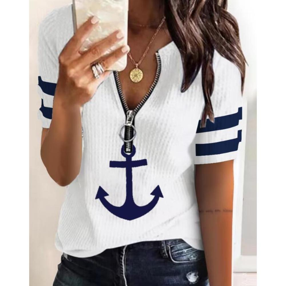 Top Women Summer Fashion Anchor Print Zipper Front Casual V-Neck Short Sleeve Daily T-Shirt Top Y2K Clothes