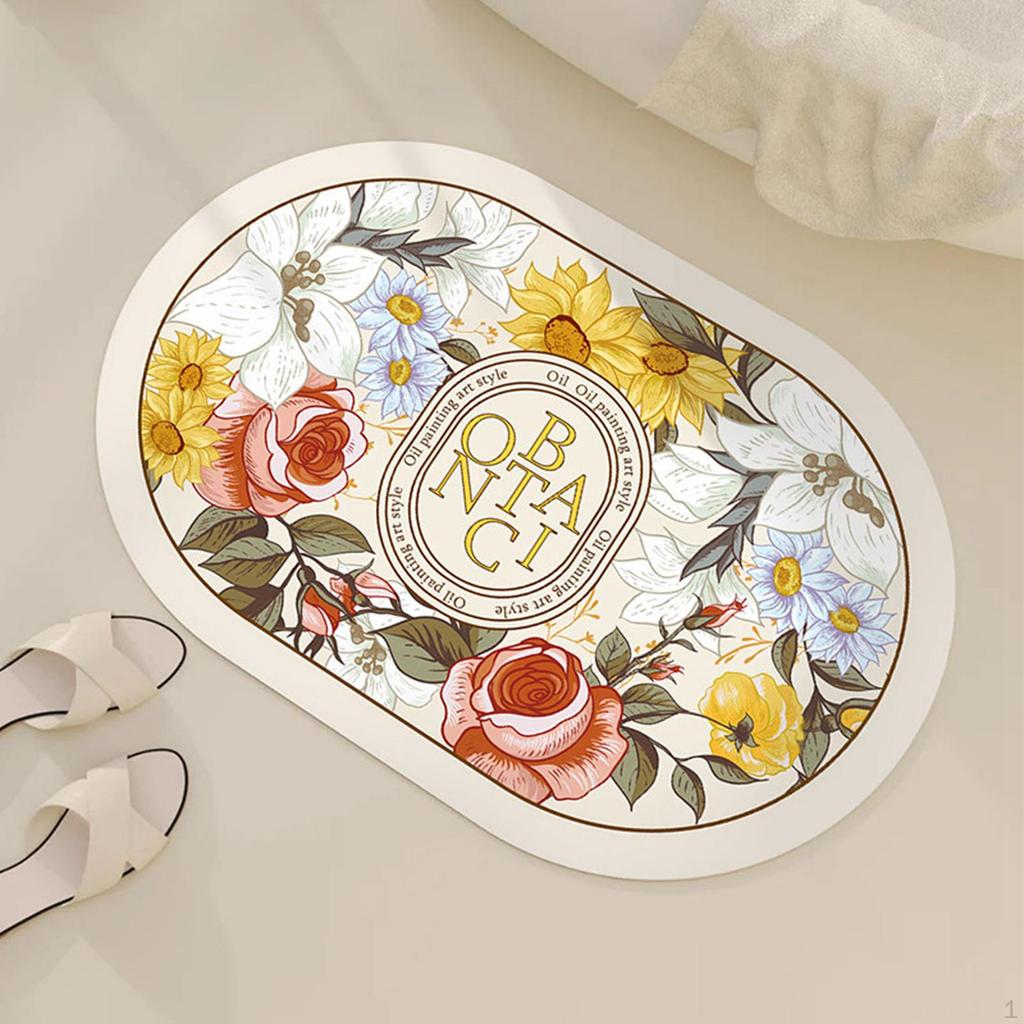 Bath Mat Bathroom Rug Nonslip Rubber Backed Oval Quick Drying Floral Shower