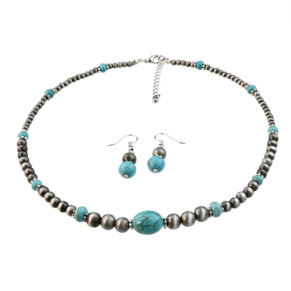 2PCS Vintage Round Beads Inlaid Turquoise Necklace Earring Set Women's Fashionable Personalized Handmade Zircon
