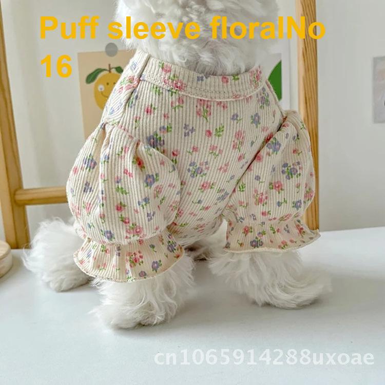 Floral Bubble Sleeve Pet Clothes for Small Dogs Cats And Teddy Bear Cotton Princess Style Summer Autumn Clothing