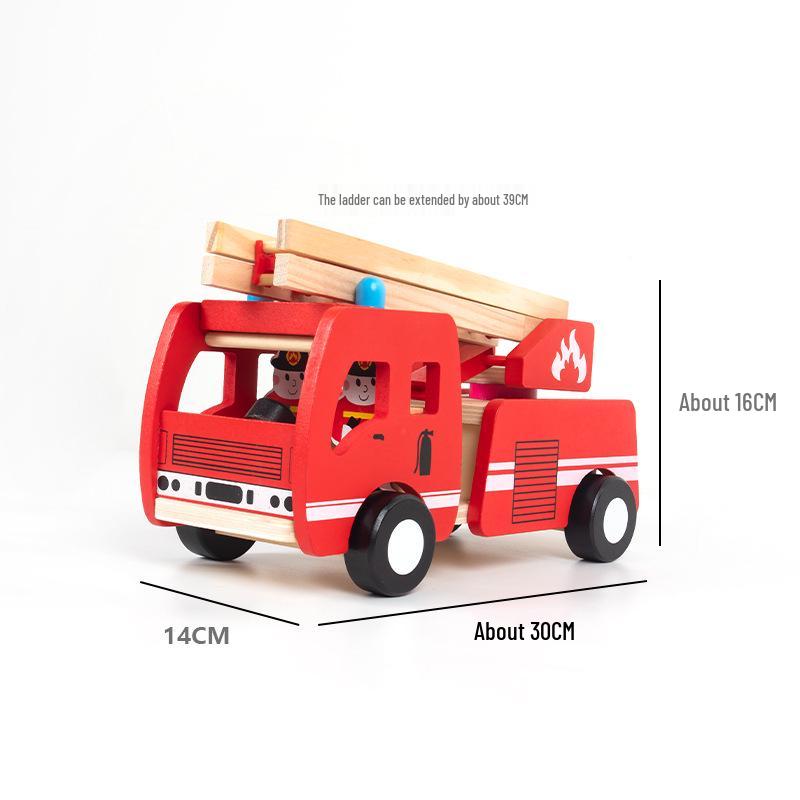 Wooden Fire Truck Model with Folding Ladder – Educational Building Blocks for Boys Ages 3-6