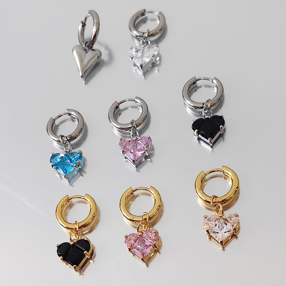 Stainless Steel Vacuum Plated Ear Buckle Sweet Cool Copper Inlaid Zircon Love Pendant Earrings Versatile Earrings Neutral