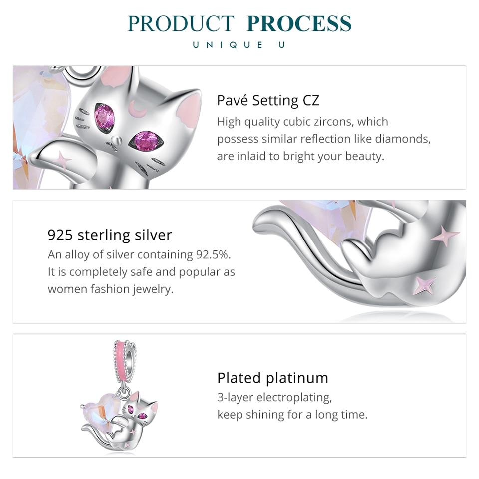 BAMOER 925 Sterling Silber Katze Hängende Perle Herz Anhänger Charms für Frauen Original Armband Halskette Edlen Schmuck