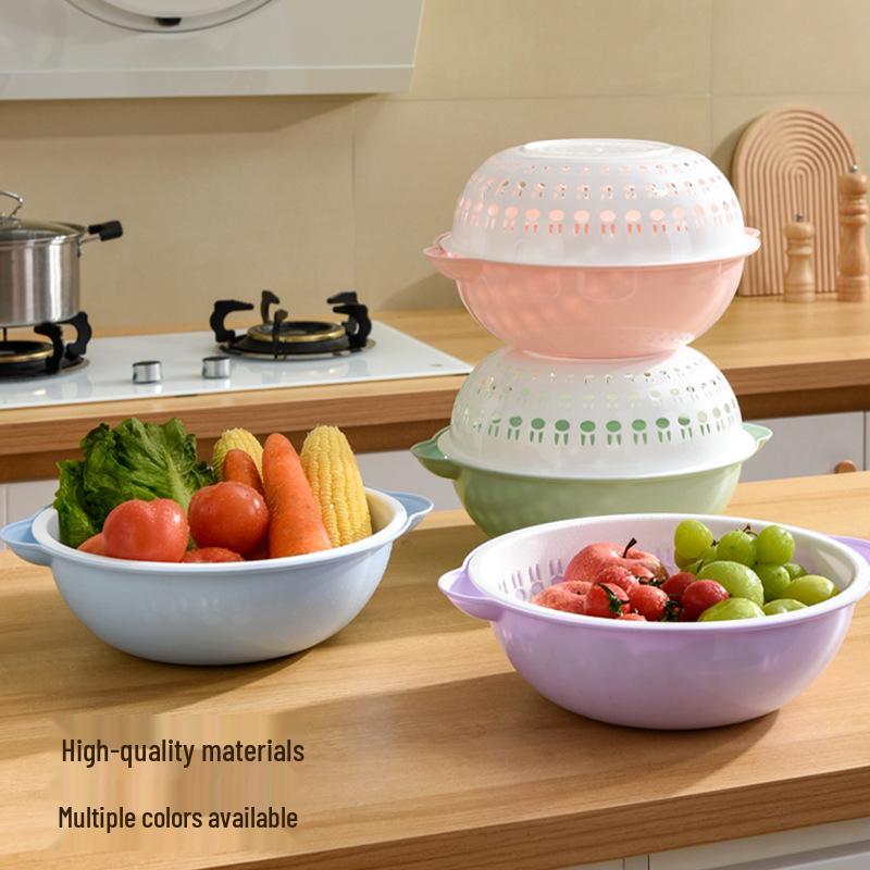 Double-Layer Round Drain Basket: Kitchen Plastic Rice & Vegetable Washing Basin