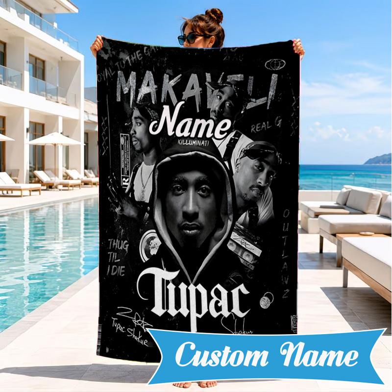 Custom Name RIP Tupac: Legacy Lives Heart In Space Adventure Microfiber Beach Towel, Lightweight for Summer Travel, Swimming Pool Fan Gift