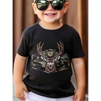 Taglie europee T-shirt nera con stampa mimetica di cervo per bambini, girocollo, maglietta casual in cotone, motivo con lettere, per l'estate