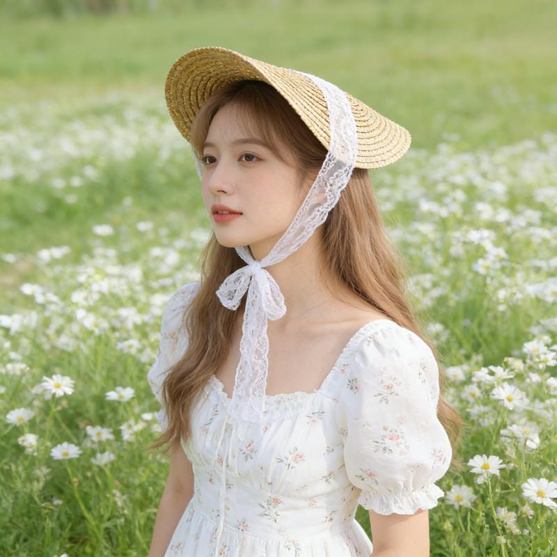 French Style Lolita Straw Hat Victorian Bonnet Sweet Lace-Up Beach Hat Hair Accessories Handmade Flat Top Hat