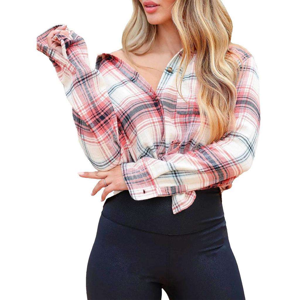 Women's Casual Fashion Loose Plaid Shirt Long Sleeve Pocket Button Shirt Mid-length