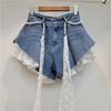 Blue Jean Shorts Women Denim Shorts Patchwork Ruffle Y2k with Belt Jeans Korean Girl Shorts Summer Streetwear 2026