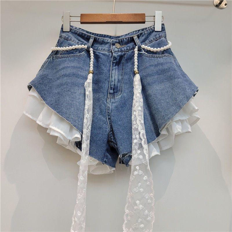 Blue Jean Shorts Women Denim Shorts Patchwork Ruffle Y2k with Belt Jeans Korean Girl Shorts Summer Streetwear 2026