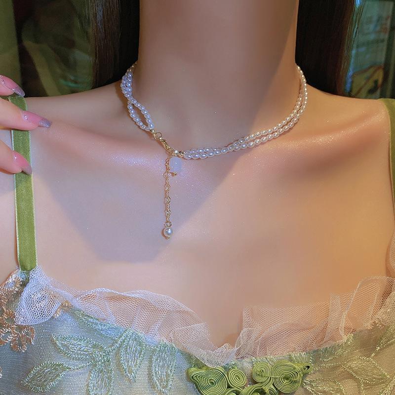 Двойная жемчужная цепочка на шею, чокер с ландышами, цепочка на ключицу, женское ретро-ожерелье легкой роскоши