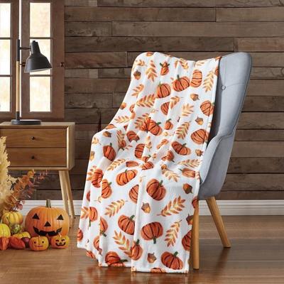 [Cozy Autumn Blanket] 1pc Super Soft Lightweight Fleece Autumn Harvest Flannel Blanket with Pumpkins & Leaves Design | Warm