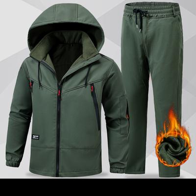 Men's Winter Solid Color Snow Warm Plus Thickened Suit Plus Size Sports Work Suit Soft Shell Jacket + Waterproof Warm Pants 2 Piece Set