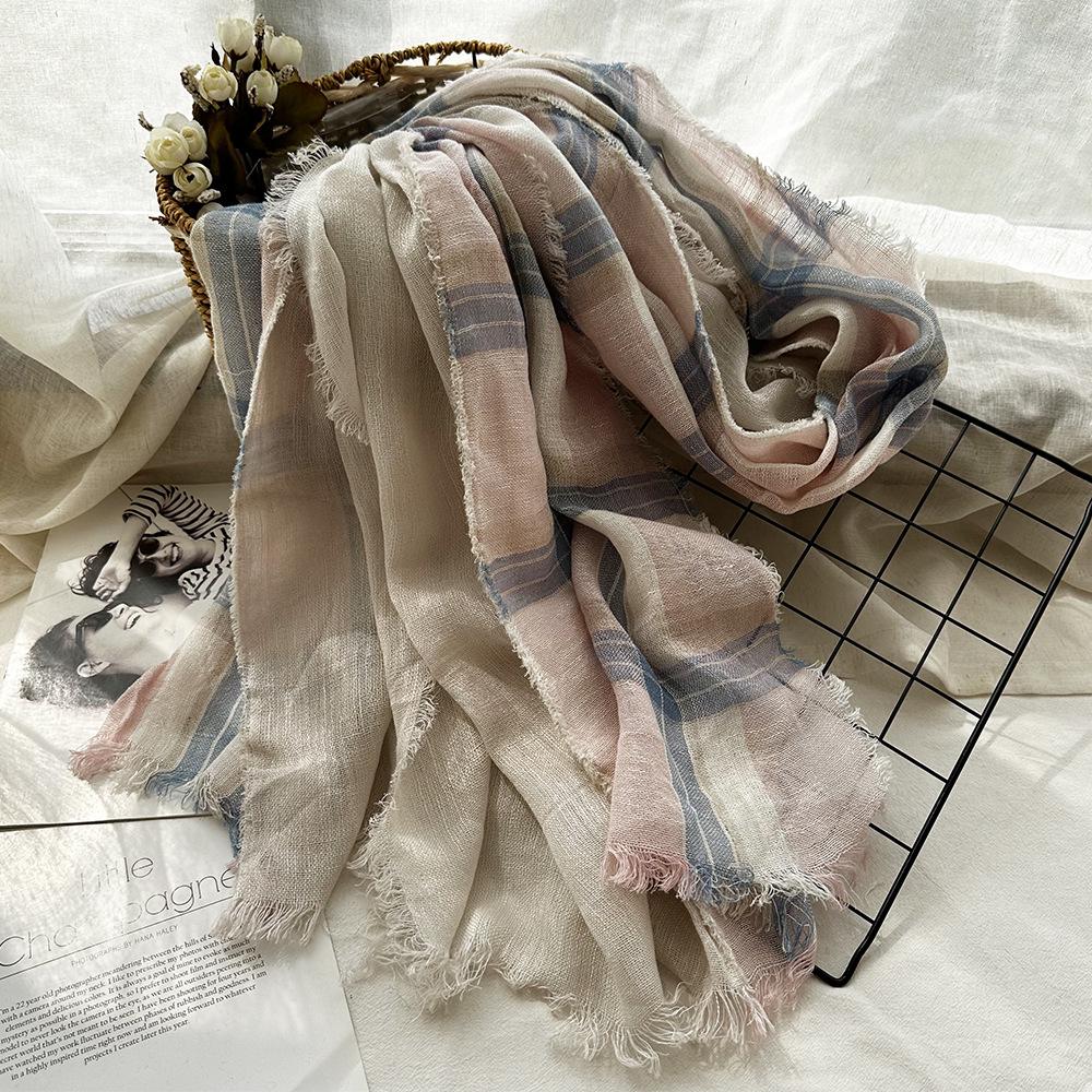 Autumn Plaid Double-Layer Linen Scarf for Women - Retro Cotton British Style Shawl