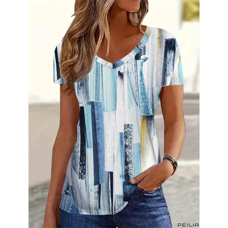 T-Shirt für Damen Sommer Lässig Elegant V-Ausschnitt Kurzarm Einfaches Schmetterling Farbverlauf Muster Oberteil Locker Lässig Damen T-Shirt