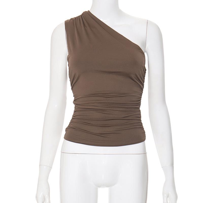 Women's Winter One-Shoulder Backless Ruched Tank Top T-Shirt: Solid Color, European & American Style