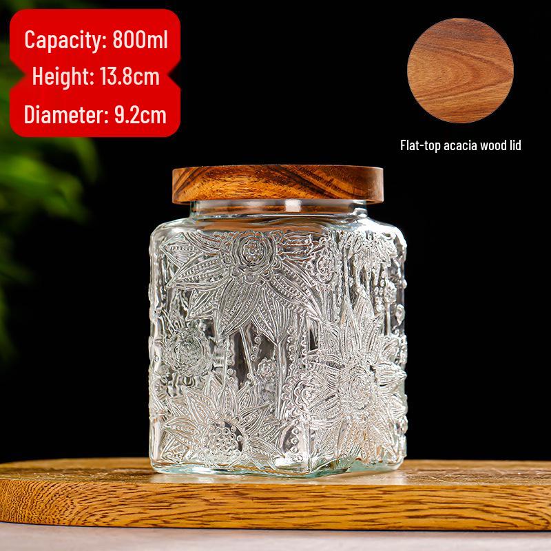 Cylindrical Embossed Glass Storage Jar with Wooden Lid for Dried Fruits and Grains