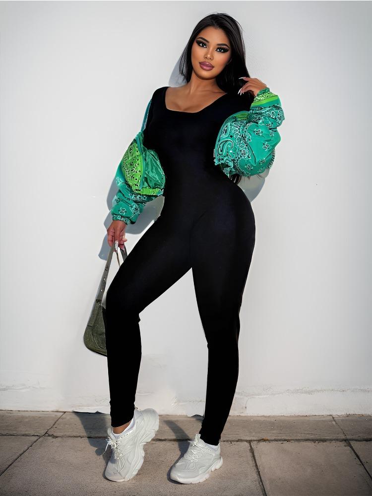 Square Neck Solid Color Ribbed Yoga Sports Pants Women Tight Sexy Cuffed One Piece Jumpsuit Fashion Beach Vacation Elegant Outfit