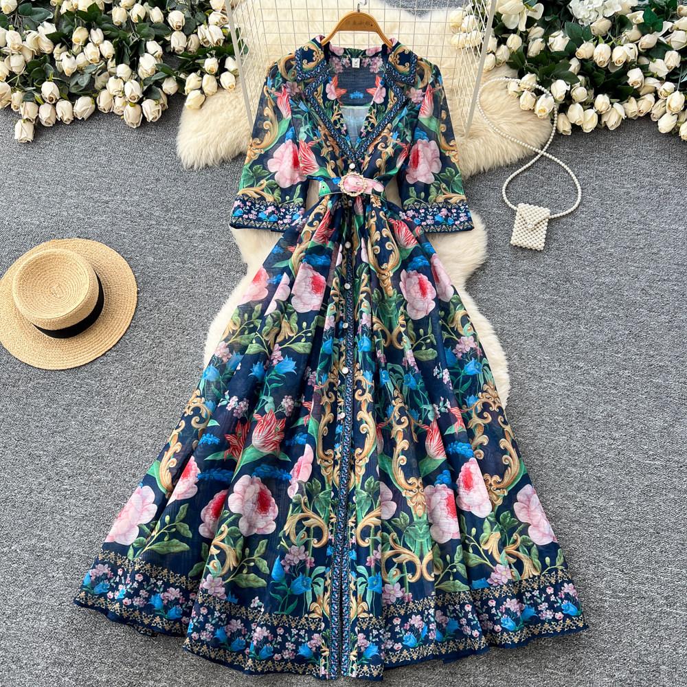 French retro lapel print short-sleeved dress women's summer V-neck waist and thin A-shaped long dress vacation style swing skirt