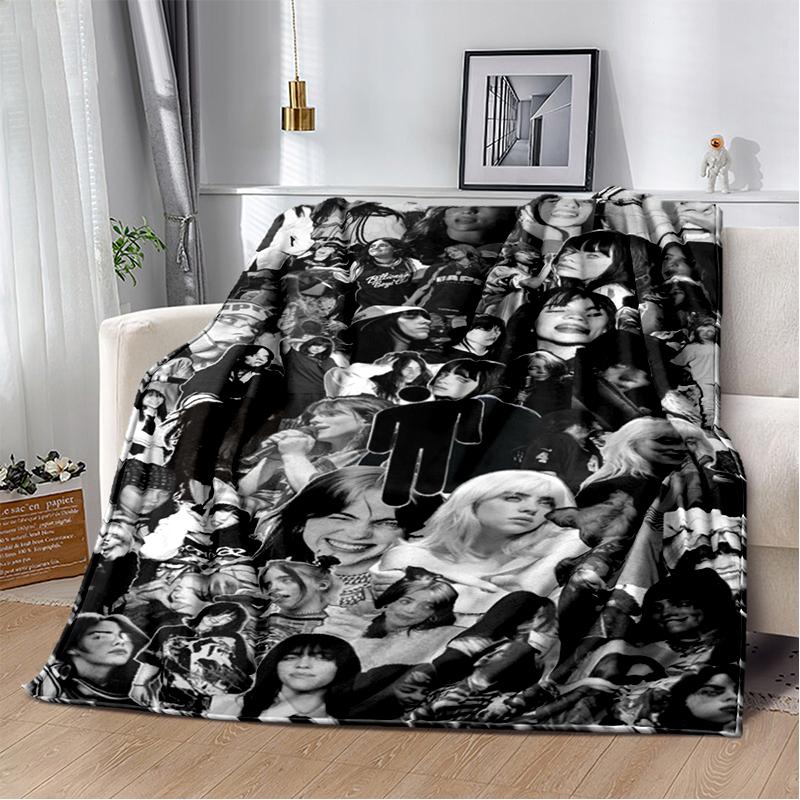 Fashion Billie Eilish Singer Star Flannel Blanket Soft Warm Throw Blanket for Bedroom Living Room Bed Travel Camping Picnic Gift