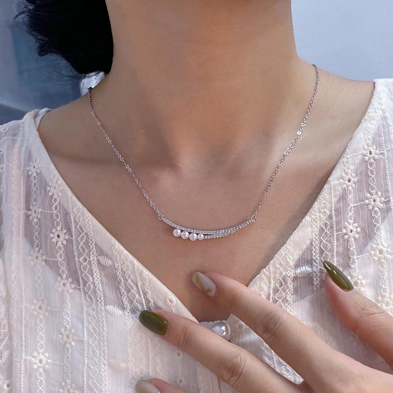 Elegant Sterling Silver Pearl & Diamond Clavicle Necklace – Women's Japanese & Korean Fashion