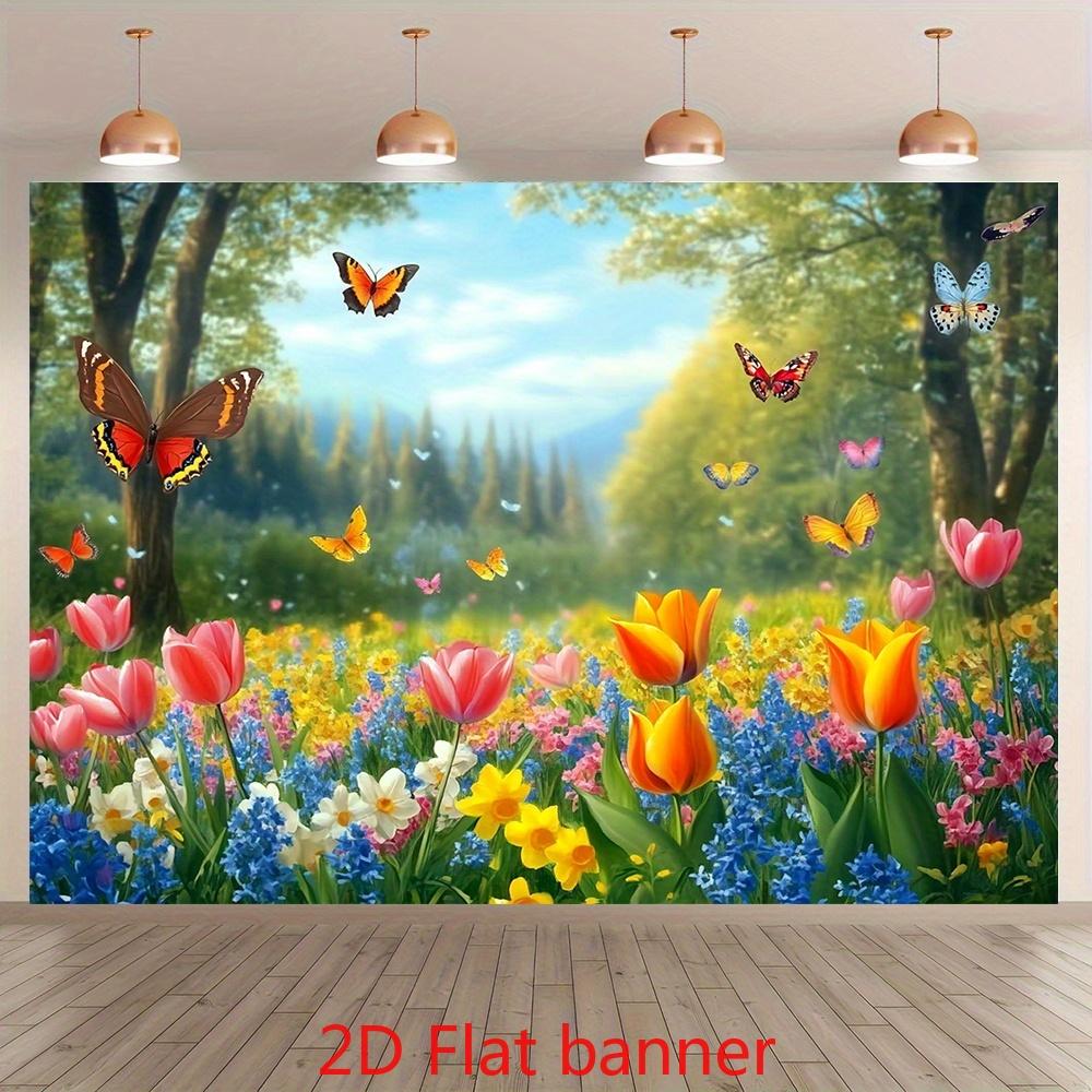 2D Plane 1 Piece of Bright Spring Flower and Butterfly Polyester Banner Featuring Blooming Tulips Roses and Lush Green Plants