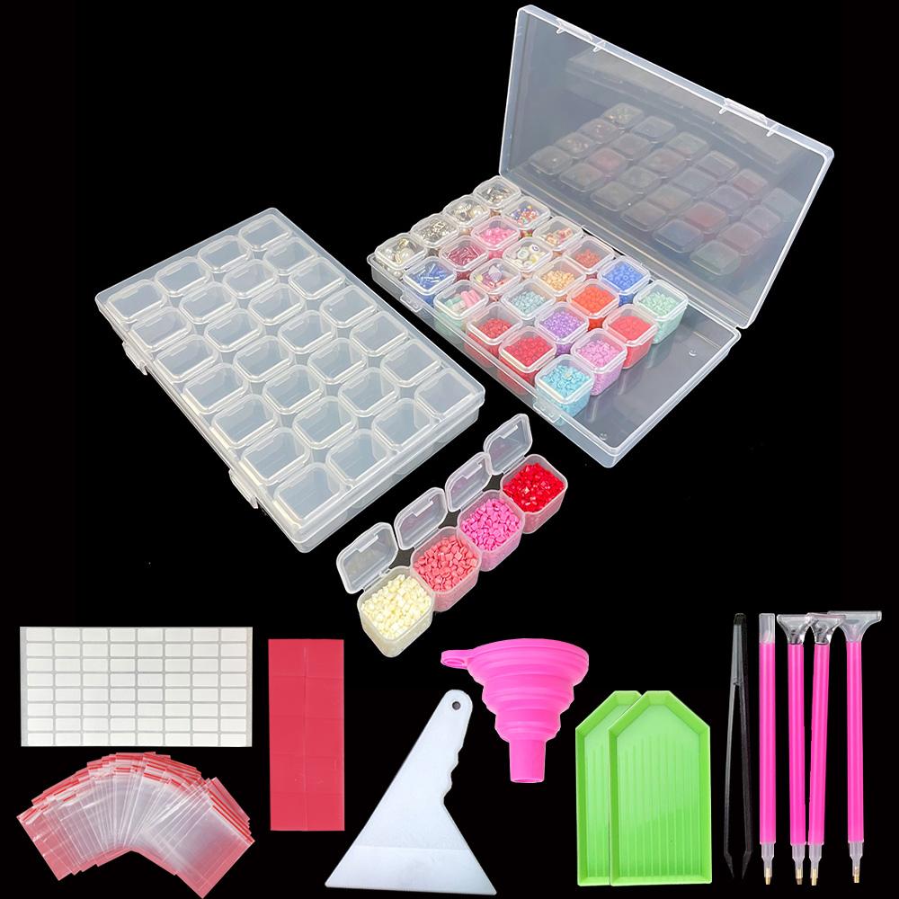 

28 Grids Diamond Painting Tools Storage Box with Funnel Sticker Pen Diamond Painting Embroidery Accessories Container