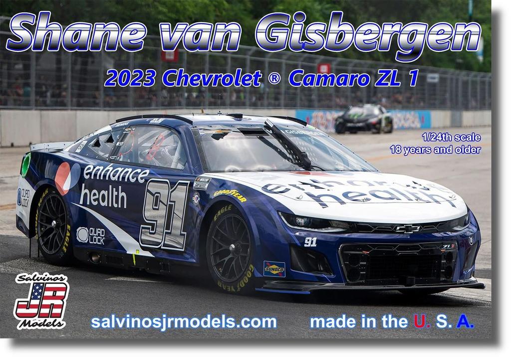 Salvinos Jr Models 2023 Chevrolet Camaro ZL1 Trackhouse Racing Shane Van Gisbergen Enhanced Health Plastic Model SJMTHC2023SVG 1/24 No.91