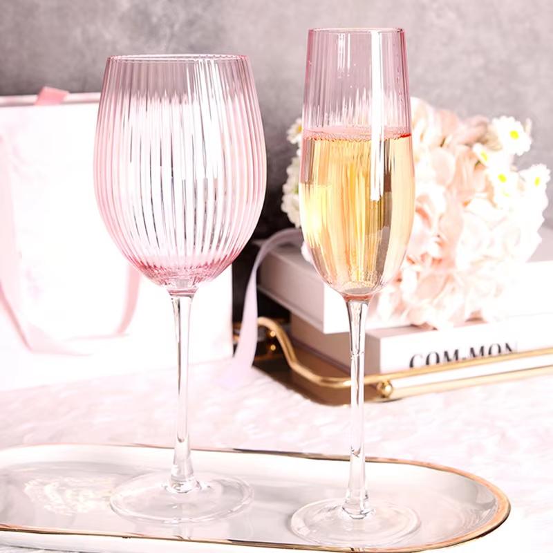 Nordic Pink Lead-Free Crystal Wine Glasses Large Capacity Vertical Stripes Goblet Champagne Cup for Household Barware Set