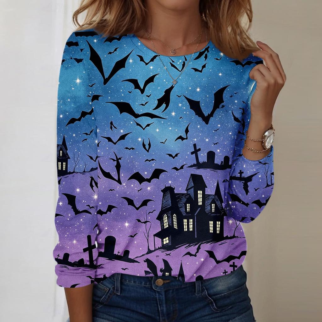 Women Long Sleeve Casual Pullover Sweatshirt Halloween Pumpkin Print Round Neck Top Lightweight Comfortable Fit