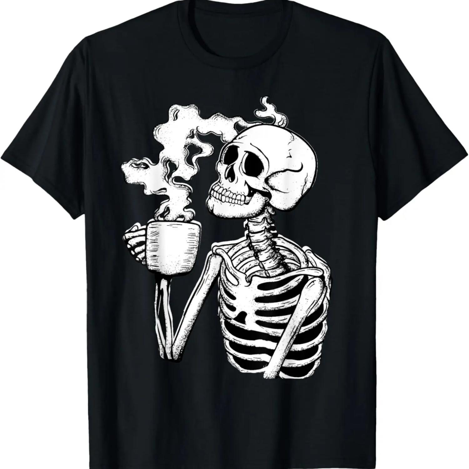 Пьющий кофе скелет Ленивый DIY костюм на Хэллоуин Забавная футболка S